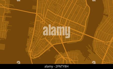 Golden orange New York city area vector background map, streets and water cartography illustration. Widescreen proportion, digital flat design streetm Stock Vector