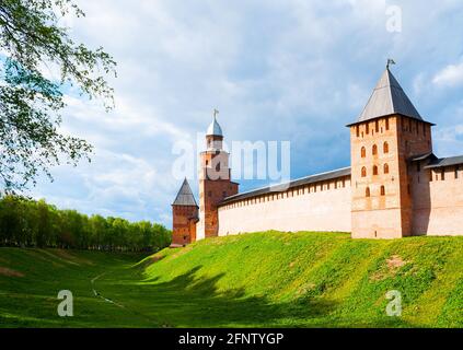 Veliky Novgorod, Russia. Intercession, Kokui and Prince towers of Veliky Novgorod Kremlin, Russia in spring day Stock Photo