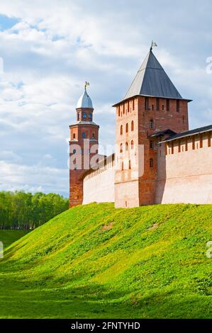 Veliky Novgorod, Russia. Architecture view of Kokui and Prince towers of Veliky Novgorod Kremlin, Russia in sunny spring day Stock Photo
