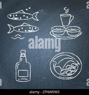 Collection of Portugal icons on chalkboard. Traditional cuisine symbols set including porto wine, bacalhau fish, pastel de nata tarts and sardines. Ve Stock Vector