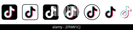 Vinnytsia, Ukraine - May 5, 2021 Tik Tok logo set in seven different versions. Flat design isolated on white Stock Vector