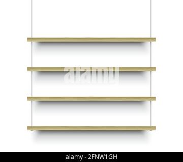 Four wooden shelves hanging on a metal wire on white wall background. Minimalist shelves vector illustration. Stock Vector