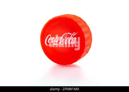 Kharkov, Ukraine - May 11, 2021: plastic Coca-cola cap isolated on the white background Stock Photo