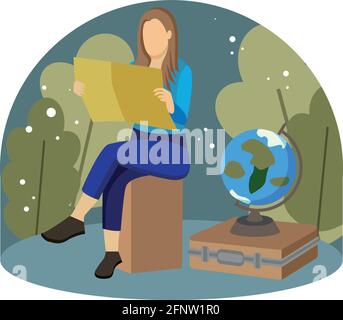 Woman thinking about traveling. Vector flat illustration. Stock Vector