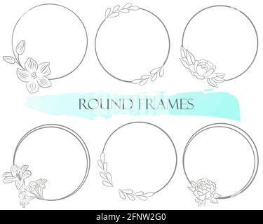 Set of simple round frames with flowers and leaves. Vector. Circular frames with floral elements. Simple rings for the design of cards and invitations Stock Vector
