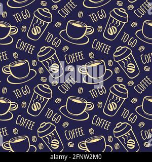 Coffee to go seamless pattern. Cute background for cafe and restaurant. Hand drawn objects on dark blue background. Vector illustration. Stock Vector