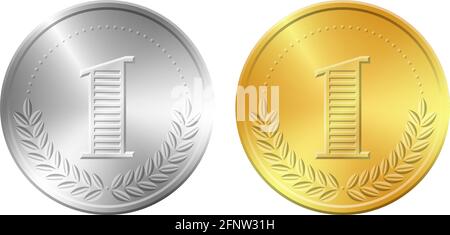 One gold and silver coins vector illustration. Realistic money icon isolated on white background. Stock Vector