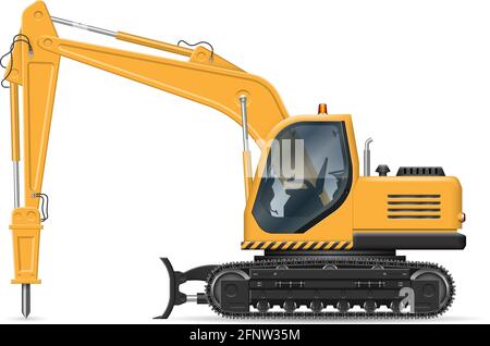 Excavator with hydraulic jackhammer side view isolated on white background. construction and road equipment vector mockup, easy editing and recolor Stock Vector