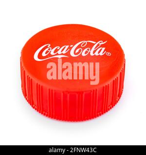Kharkov, Ukraine - May 11, 2021: Close up of plastic Coca-cola cap isolated on white background Stock Photo