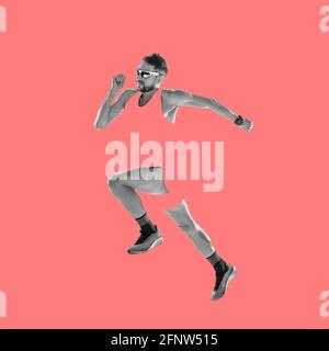Modern design, contemporary art collage. Inspiration, idea, trendy magazine style. Sport. Professional male athlete on red background. Stock Photo