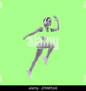 Modern design, contemporary art collage. Inspiration, idea, trendy magazine style. Sport. Professional female athlete on green background. Stock Photo