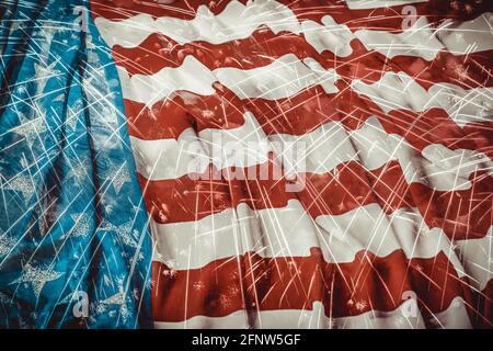 Vintage Usa Flag close-up and Double Exposure Of Firework Display. Independence day concept Stock Photo