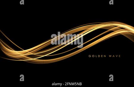 Abstract Gold Waves. Shiny golden moving lines design element with glitter effect on dark background for greeting card and disqount voucher. Stock Vector