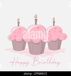 Three Birthday cup cakes with candles and Happy Birthday Text Vector illustration Stock Vector