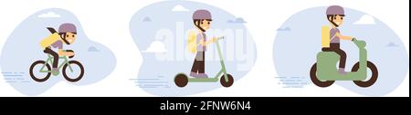 Online delivery service concept, online order tracking, delivery home and office. Warehouse, truck, drone, scooter and bicycle courier, delivery man a Stock Vector