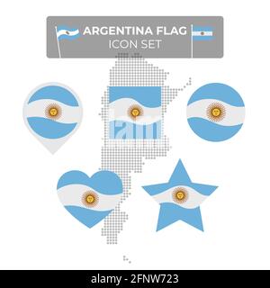 Argentina flag icons set in the shape of square, heart, circle, stars and pointer, map marker. Mosaic map of argentina. Waving in the wind. Argentine Stock Vector