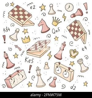 Hand drawn set of cartoon chess game elements. Doodle sketch style. Isolated vector illustration for a chess club, tournaments, competition, championship. Stock Vector