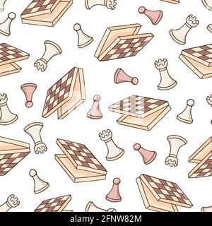 Hand drawn seamless pattern of cartoon chess game pieces. Doodle sketch style. Isolated vector illustration for a chess club, tournaments, course wallpaper, background, textile design. Stock Vector