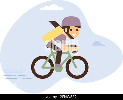 Courier bicycle delivery girl with parcel box on the back. Ecological city bike delivering service illustration with modern cyclist carrying package. Stock Vector