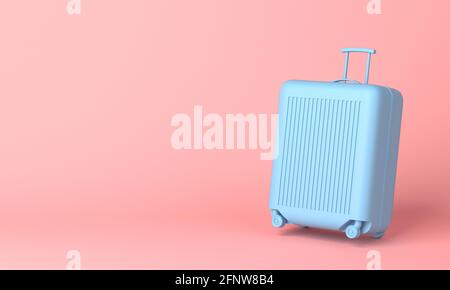 Blue suitcase on pink background with copy space. 3d rendering. Stock Photo