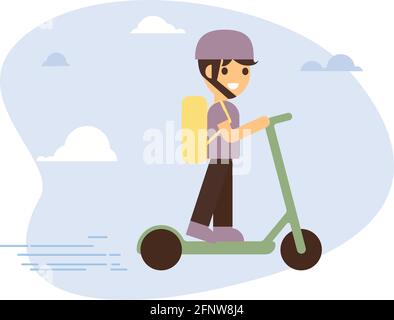 Delivery young male courier riding electric scooter with package product box. Fast shipping service concept on city street map plan with GPS pins and Stock Vector