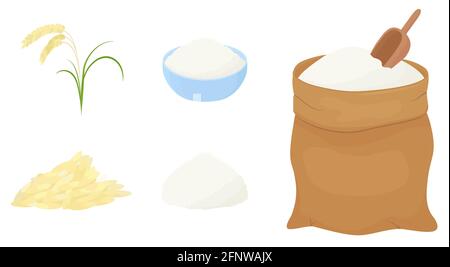 Bag of flour , shovel and ears of wheat isolated on white. Vector cartoon illustration.. Vector cartoon illustration. Stock Vector