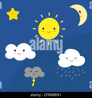 set of kawaii star, moon, sun, thunderstorm and clouds with rain isolated on dark blue background. baby cute bright colors. Vector illustration Stock Vector
