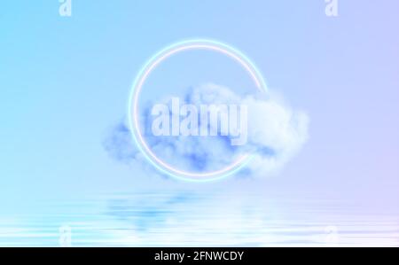 Neon Circle shape in a cloud of fog reflecting in the water. Modern trending 3d conceptual design background. Violet blue pink colors. Vector Stock Vector