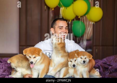 Handsome guy have fun hugs and play with akita inu puppies. Stock Photo