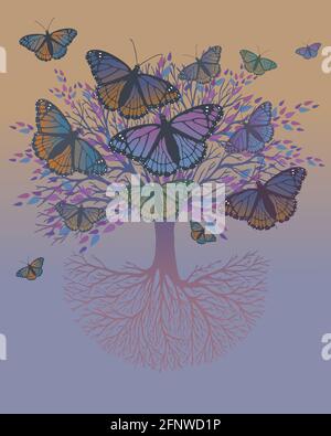 A tree of life with butterflies sitting on the branches and flying around the tree. The background is a green orange purple gradient Stock Vector