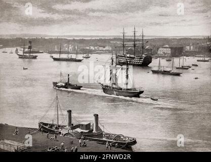 A late 19th Century view of Portsmouth Harbour, a large natural harbour in Hampshire, England. It is the home of the Royal Navy, because of its strategic location on the south coast of England, protected by the natural defence of the Isle of Wight, its narrow entrance, and the forts surrounding it making it virtually impregnable to attack from the sea. HMS Victory can be seen moored in the harbour. Stock Photo