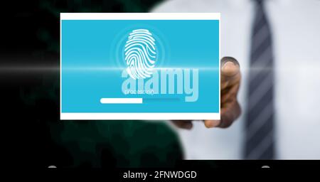 Composition of businessman touching interactive screen with biometric fingerprint Stock Photo