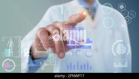 Composition of male doctor touching screen with medical data processing Stock Photo