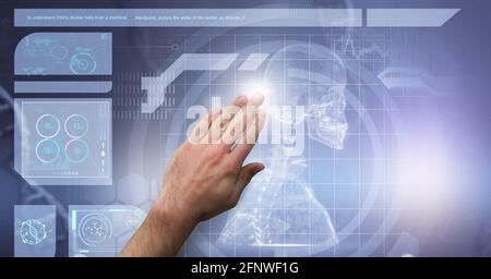 Composition of man touching screen with human skeleton and medical data processing. global medicine and healthcare concept digitally generated image. Stock Photo