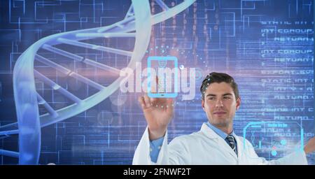 Composition of male doctor touching screen with dna strand and medical data processing Stock Photo