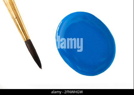 Blue acrylic paint with clean paintbrush on the side Stock Photo