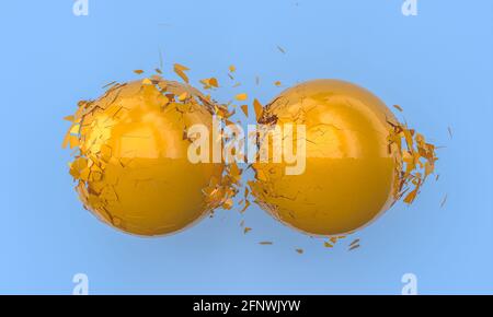 metallic orange spheres that collide and fragment. 3d render. Stock Photo