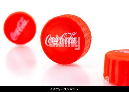 Kharkov, Ukraine - May 11, 2021: Coca-cola red caps isolated on the white background Stock Photo