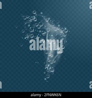 Realistic sparkling air bubbles in water. Bubbles fizzing under water. Transparent checkered background. Stock Vector