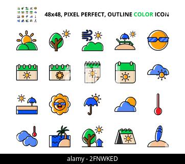 Summer Related Pixel Perfect Colored Icon Set Vector Illustration Design eye-catching Icon. Perfect for website, presentation, application, social med Stock Vector