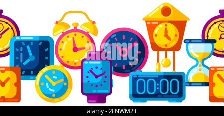 Seamless pattern with different clocks. Stylized icons for design and applications. Stock Vector