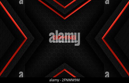 Abstract modern black and red arrow gaming background. Dark abstract banner with hexagon carbon fiber grid, red arrows and black triangles. Futuristic Stock Vector