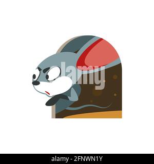 Cartoon mouse cautiously looks out of the house. Vector illustration character isolated on white background.. Stock Vector