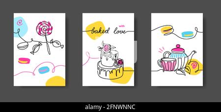 Cafe wall line art decoration. Sweets, candy, cake, macaroon, tea. Set of vector illustrations, one continuous line decoration for kitchen or cafe Stock Vector