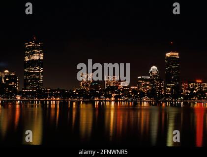 Boston skyline at night from the Charles River Stock Photo