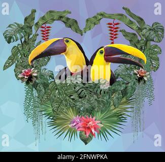 Polygonal Illustration Toucan bird and Amazon forrest plants in love concept. Stock Vector
