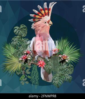 Polygonal Illustration  pink cockatoo bird and Amazon plants. Stock Vector