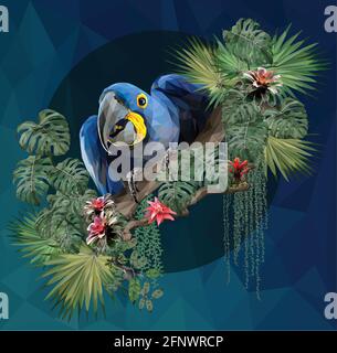 Polygonal Illustration Macaw bird with Amazon forest leafs. Stock Vector