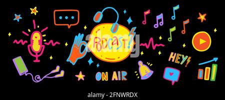 Podcast web banner with vibrant neon elemets of podcast stage on black background. Vector illustration in doodle cartoon style with hand drawn icons. Stock Vector