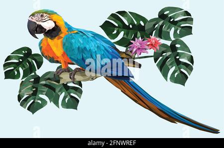 Polygonal Illustration Macaw bird with Amazon forest leafs. Stock Vector